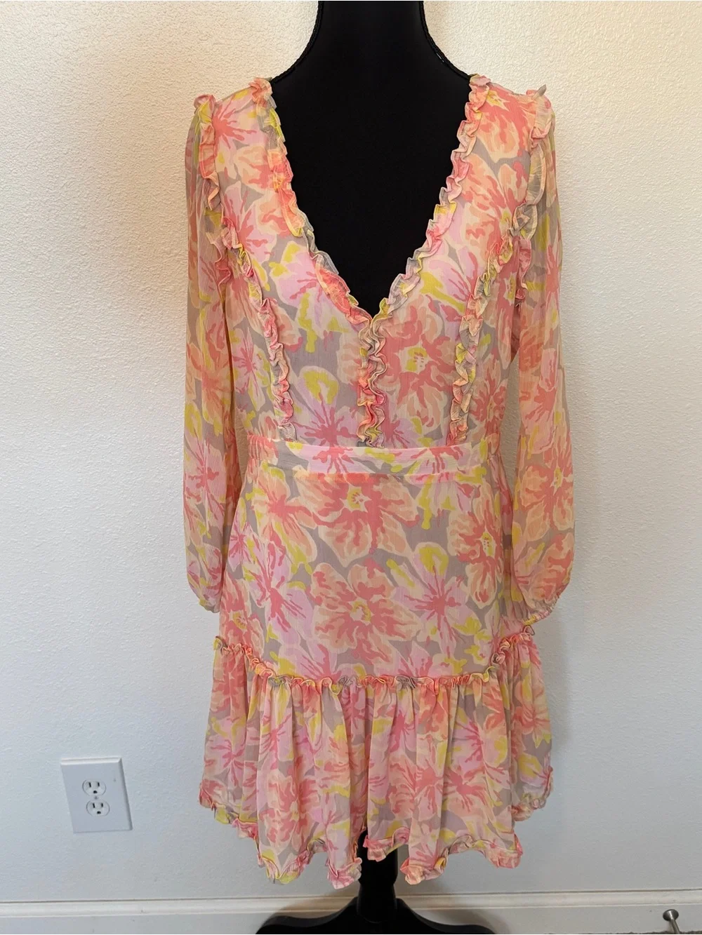 Likely Mia Floral Ruffle Mini Dress Peach Pink Size 8 Revolve